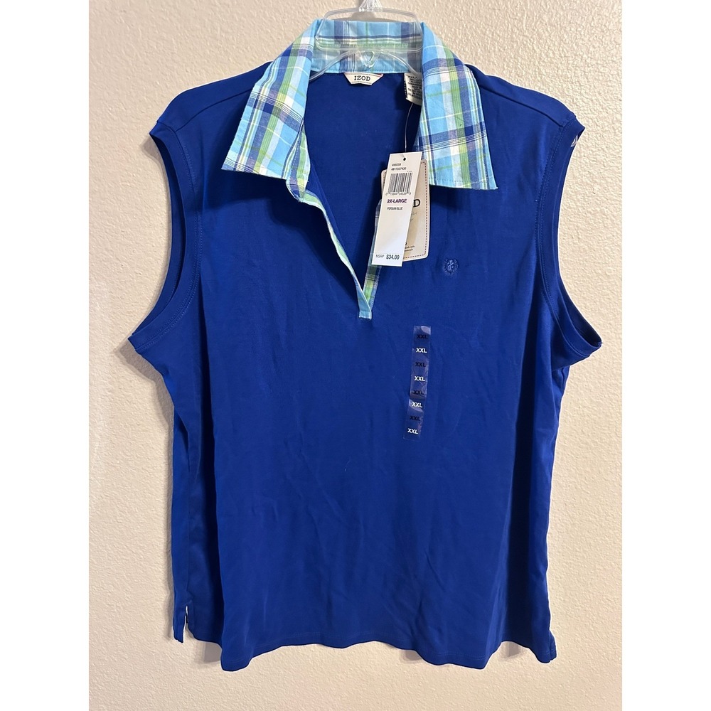 IZOD 2XL Sleeveless Polo Shirt Persian Blue‎ Plaid Collar Golf Top NWT